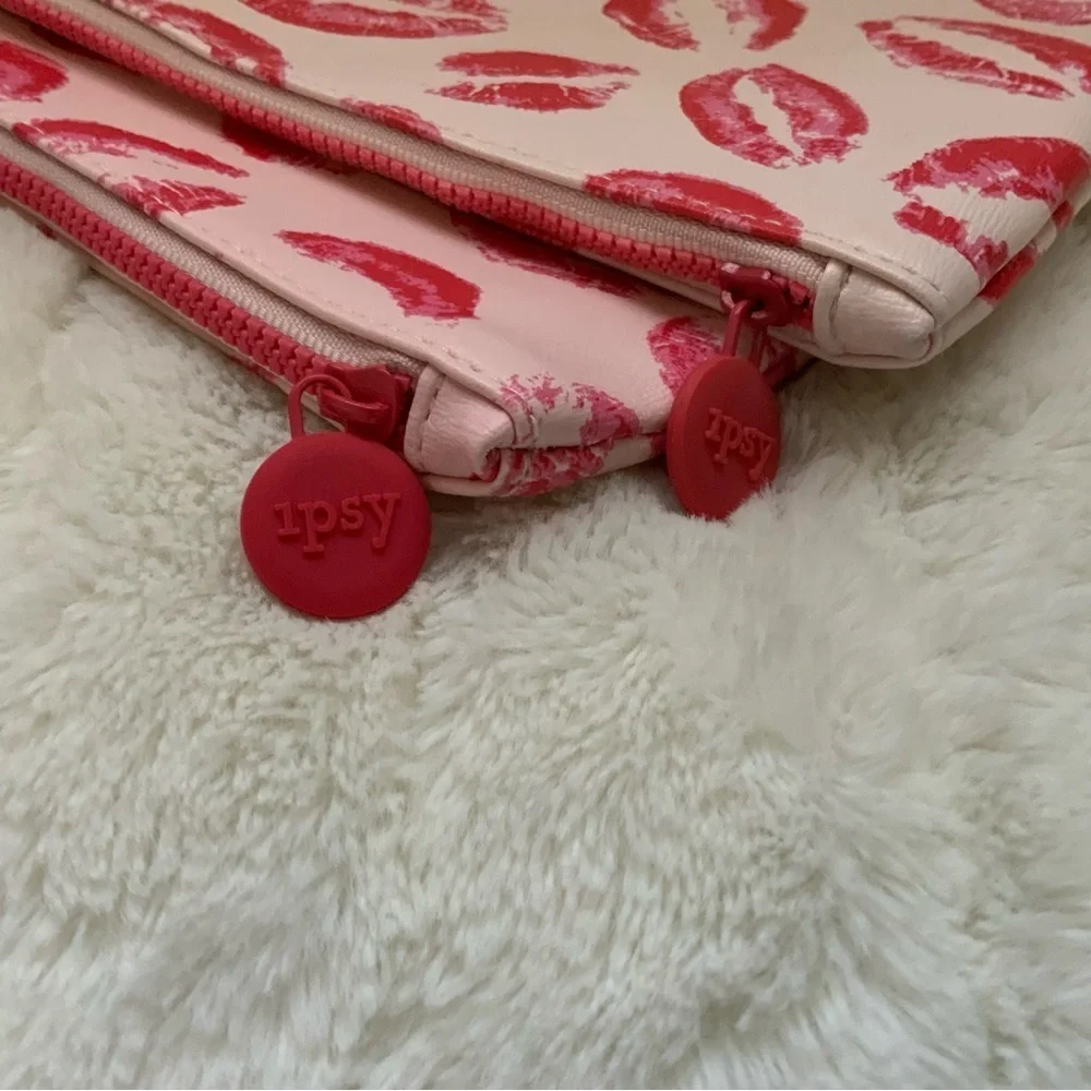 Ipsy Bags Red Lip Kisses Print Set of 2 Multipurpose Cosmetic Bags Bundle of 2